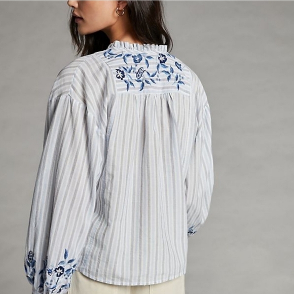 Anthropologie Pilcro The Tavi Blouse Blue Motif Sz S EUC - Picture 2 of 5